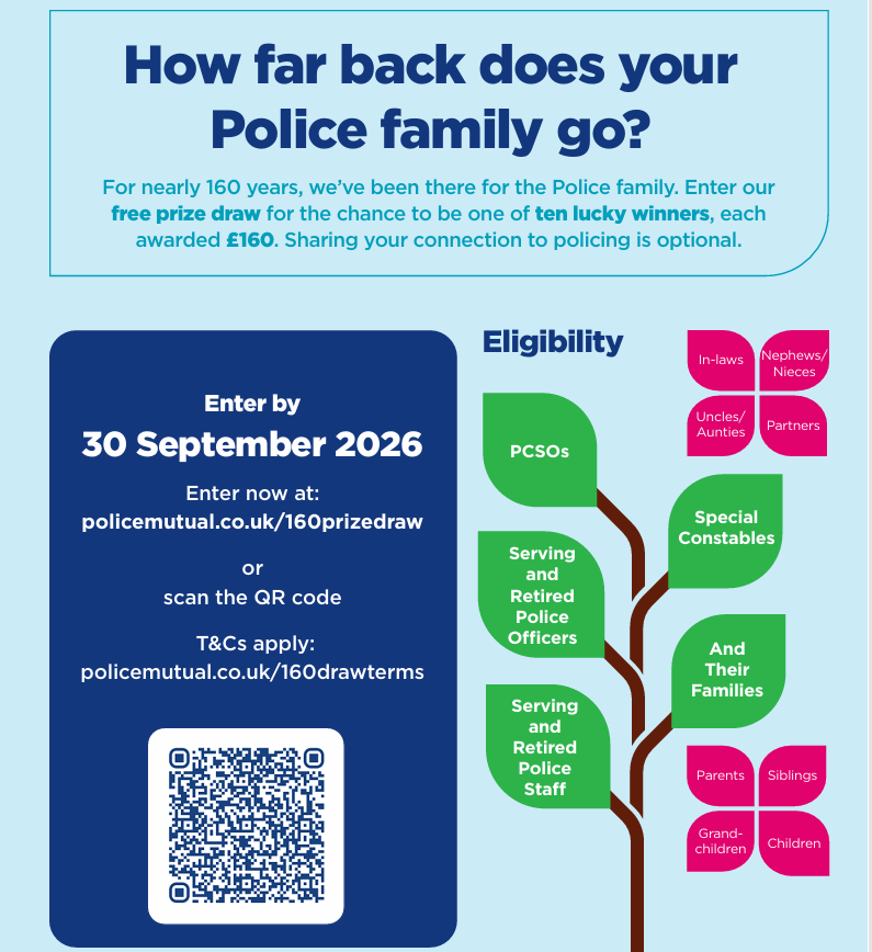 Police Mutual free prize draw poster – "How far back does your Police family go?" – ten winners each awarded £160, enter by 30 September 2026